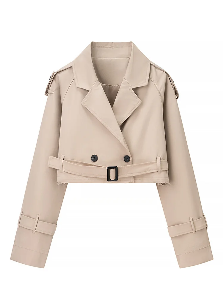 

HH Women's Autumn Vintage Fashion Lapel Joker Short Cut Solid Trench Jacket Female Temperament Belt High Street Casual Coat