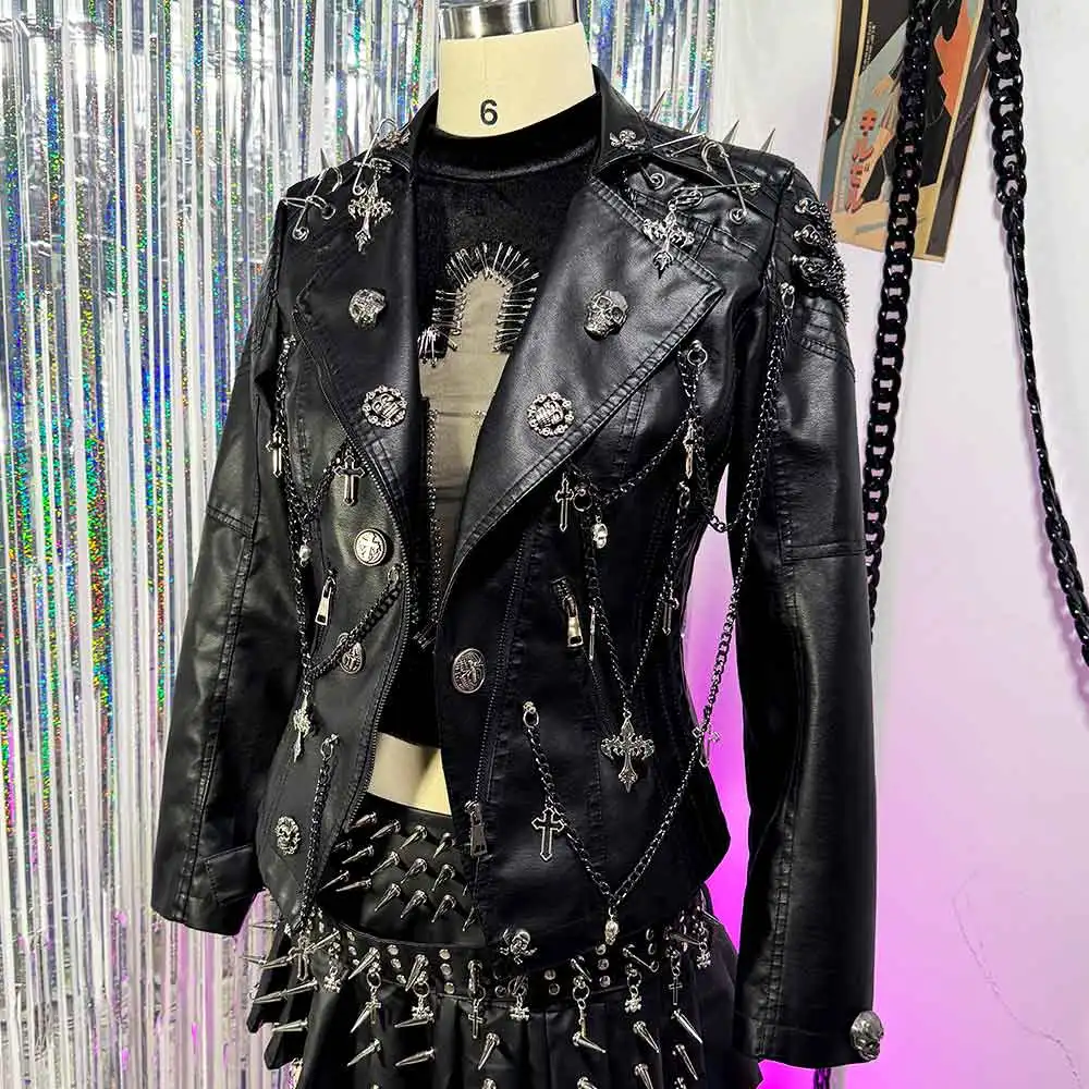 Punk Rock Grunge Pin e-girls chaîne bricolage Y2K cuir végétalien crâne veste manteau fait à la main Harajuku Emo Cross Club porter gothique années 90