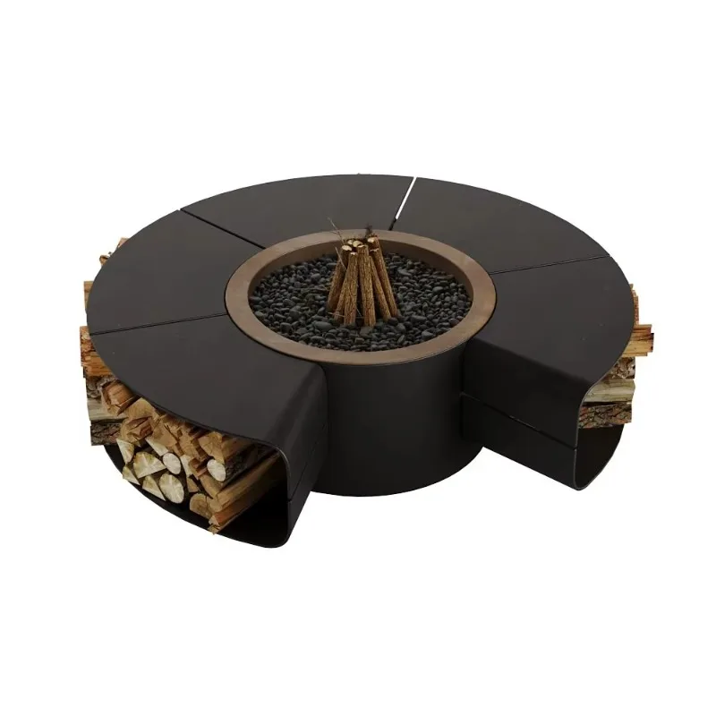 

Exterior Firewood Custom Design Outdoor Black Metal Fire Bowl with Bbq Grill Tray Log Wood Rack Storage Carbon Steel Smokeless F