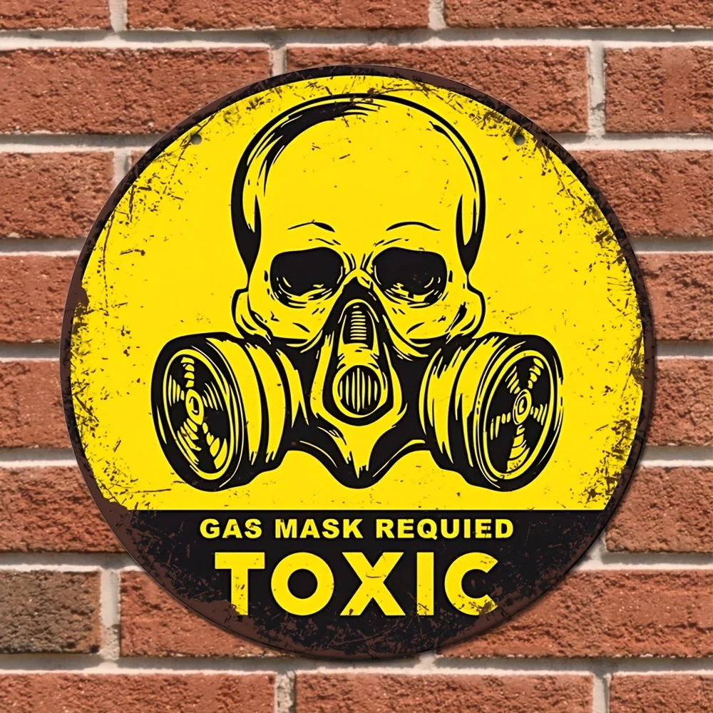 1pc Retro Round Metal Aluminum Sign, Toxic Hazard Symbol, In Need Of Gas Mask Sign, Wall Art Decor, Interesting Iron Painting, V