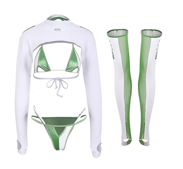 Racing Girl Anime Long Sleeve Cyberstyle Sexy Striped Bikini Swimsuit Stockings Set, Party,Club,Vacation,Beach,Pool,Cosplay