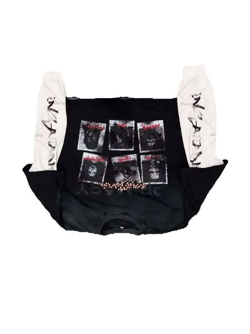 

Gothic Street Letter Print Oversized Cotton Round Neck Two Fake Pieces Men Retro Hip-hop Y2K Casual Trendy Rock Loose Top Women