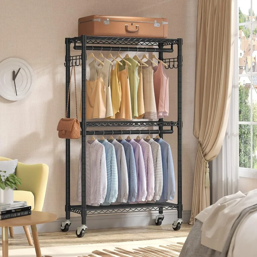 Mini Rolling Clothes Rack Heavy Duty Clothing Rack for Hanging Clothes Adjustable Metal Wire Shelving Portable Closet