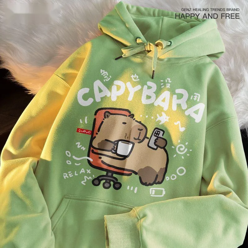 Kapibara Cute Fleece Hooded Pullover Sweatshirt Trendy Couple's Autumn-Winter Warm Sweatshirts Stylish Casual Loose-Fitting Top