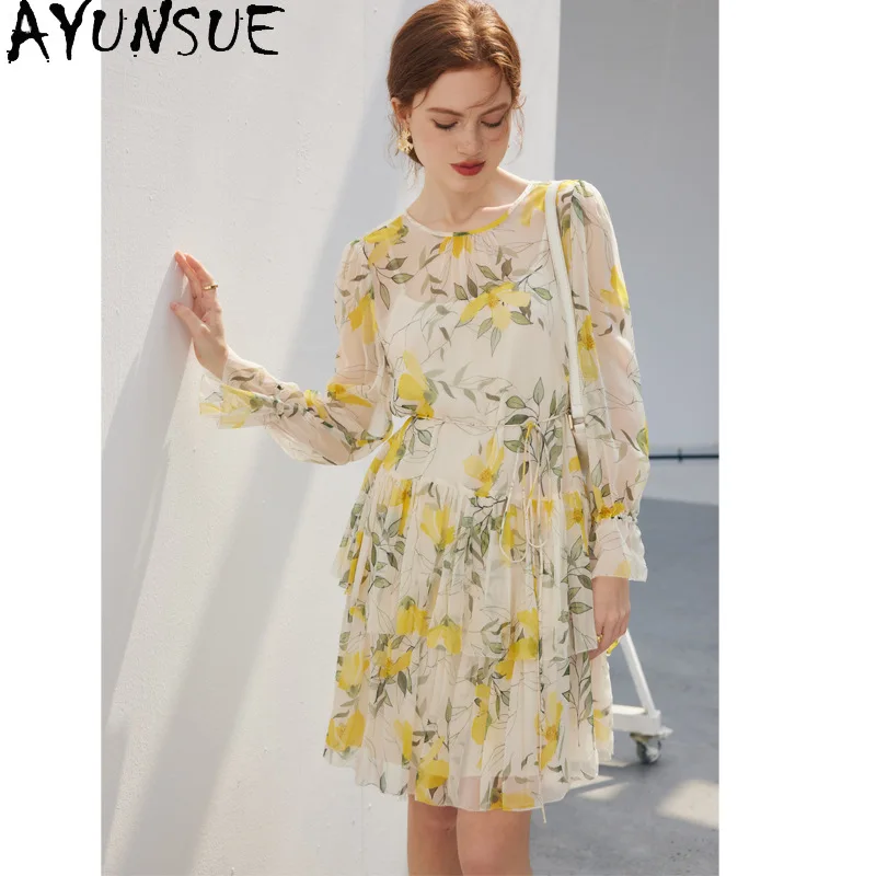 

AYUNSUE 100% натуральные шелковые платья из тутового шелкопряда для женщин, платья во французском стиле с длинными рукавами, весенне-летнее платье 2026, женская одежда, 원피스
