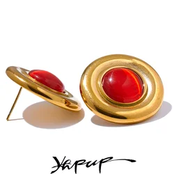 Yhpup Red Black Natural Stone Stainless Steel Round Stud Earrings for Women Gold Color Fashion Statement Jewelry Waterproof Gift