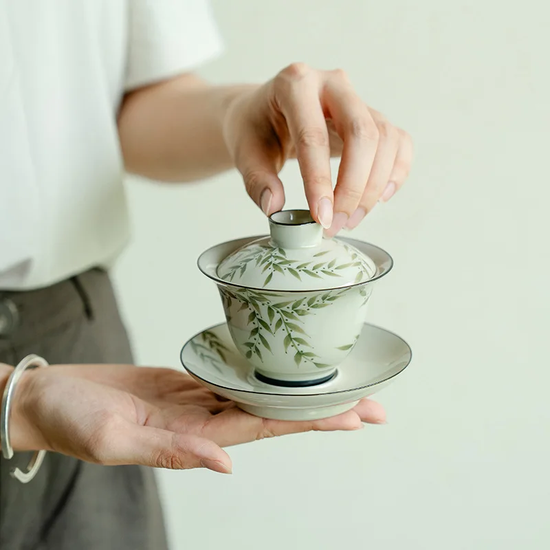 140ml Chinese Ceramic Gaiwan Hand-painted Green Bamboo Leaves Tea Tureen Travel Portable Handmade Porcelain Tea Bowl Teaware