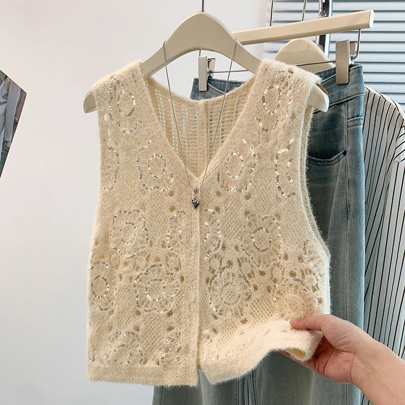 Spring Autumn Hollow out Hook Flower Ageless Versatile High-End Sequin Open Cardigan Vest Outerwear Thin City Commute