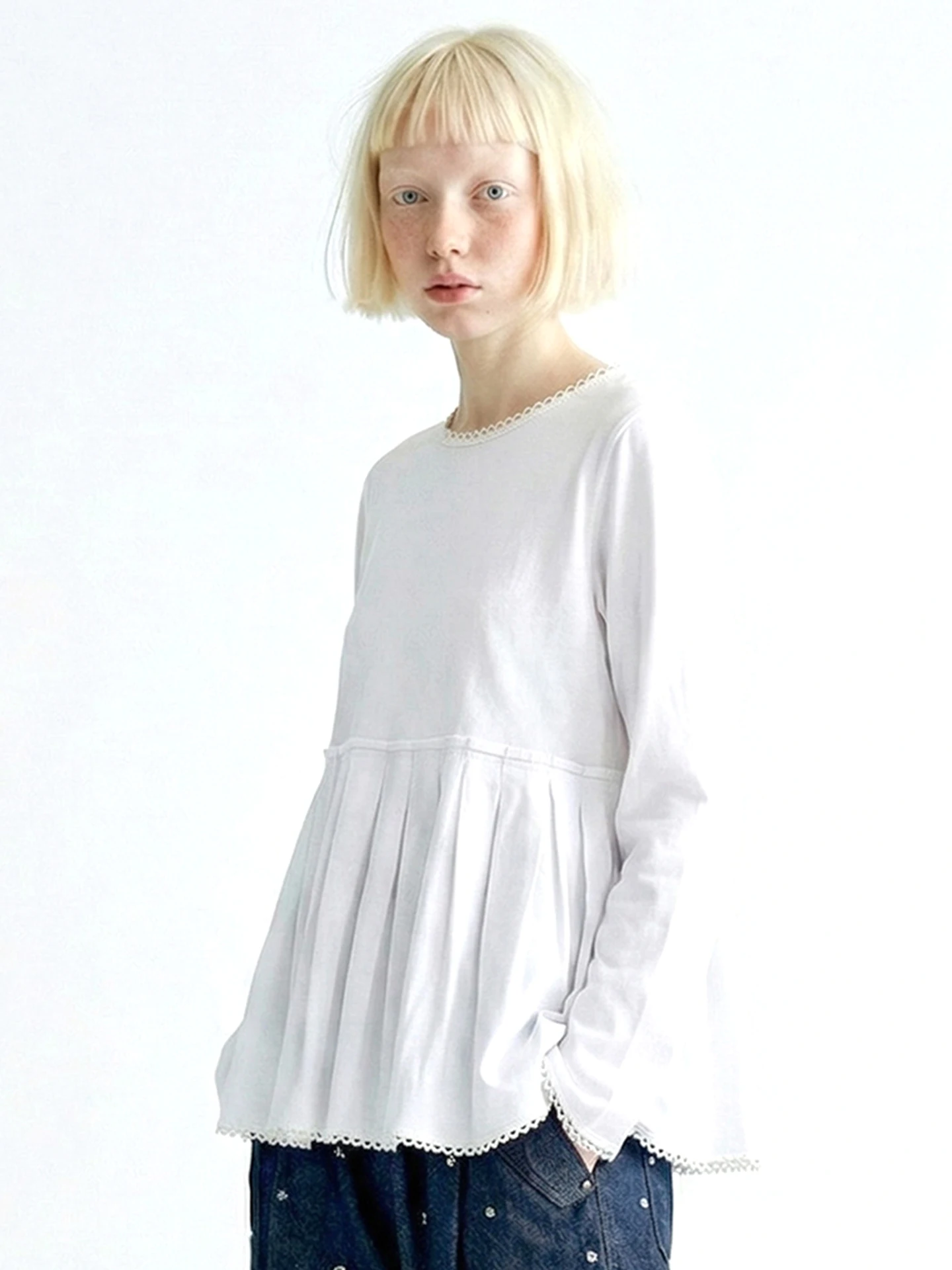 

Белая женская футболка в лесном стиле, imakokoni 2026, весенний топ с кружевными вставками и круглым вырезом, с длинными рукавами, 265382