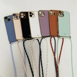 Crossbody Lanyard Necklace Strap Case For Xiaomi 14T Pro Redmi Note 14 13 Pro Plus 4G 5G Rope Cord Silicone Plating Phone Cover