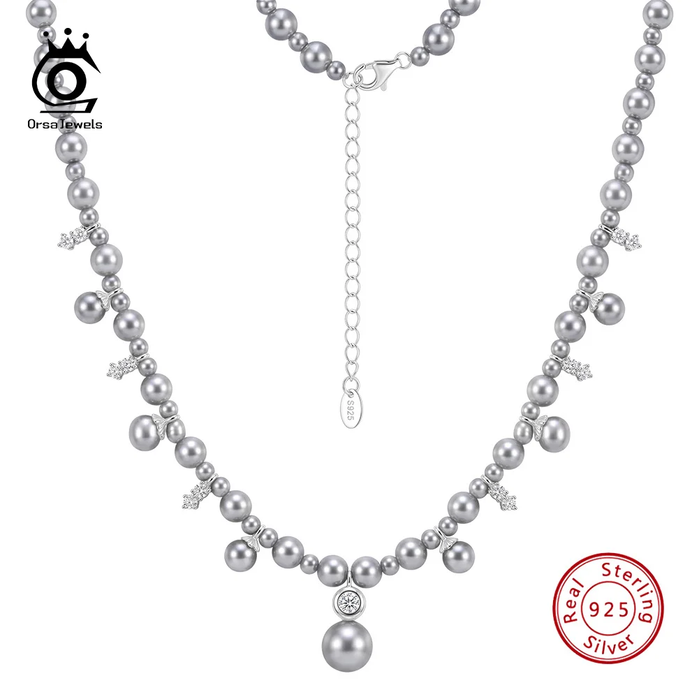 ORSA JEWELS Dainty Shell Pearl Statement Necklace 925 Sterling Silver Cubic Zirconia Ornaments Chain Jewelry for Women PSN17