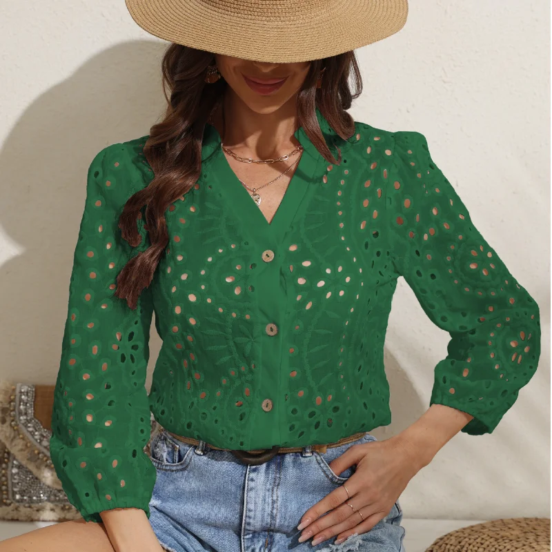 2024 Summer Embroidery Button Front Blouse For Women Lantern Sleeve Cotton Hollow Out Sexy Stand Collar Beach Top