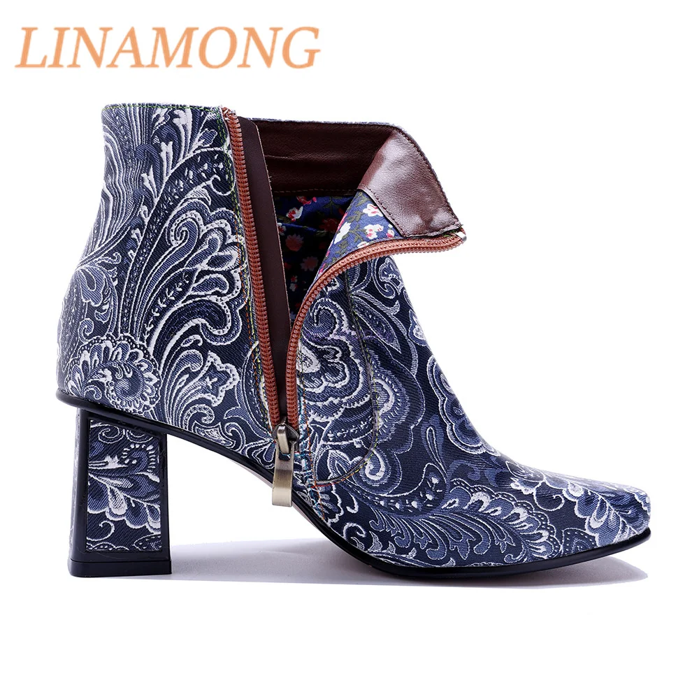 ساحة اصبع القدم كعب سميك أحذية قصيرة الأزرق والأبيض اليد نحى طباعة المتخصصة تصميم الجانب سستة كعب مربع كعوب عالية الموضة