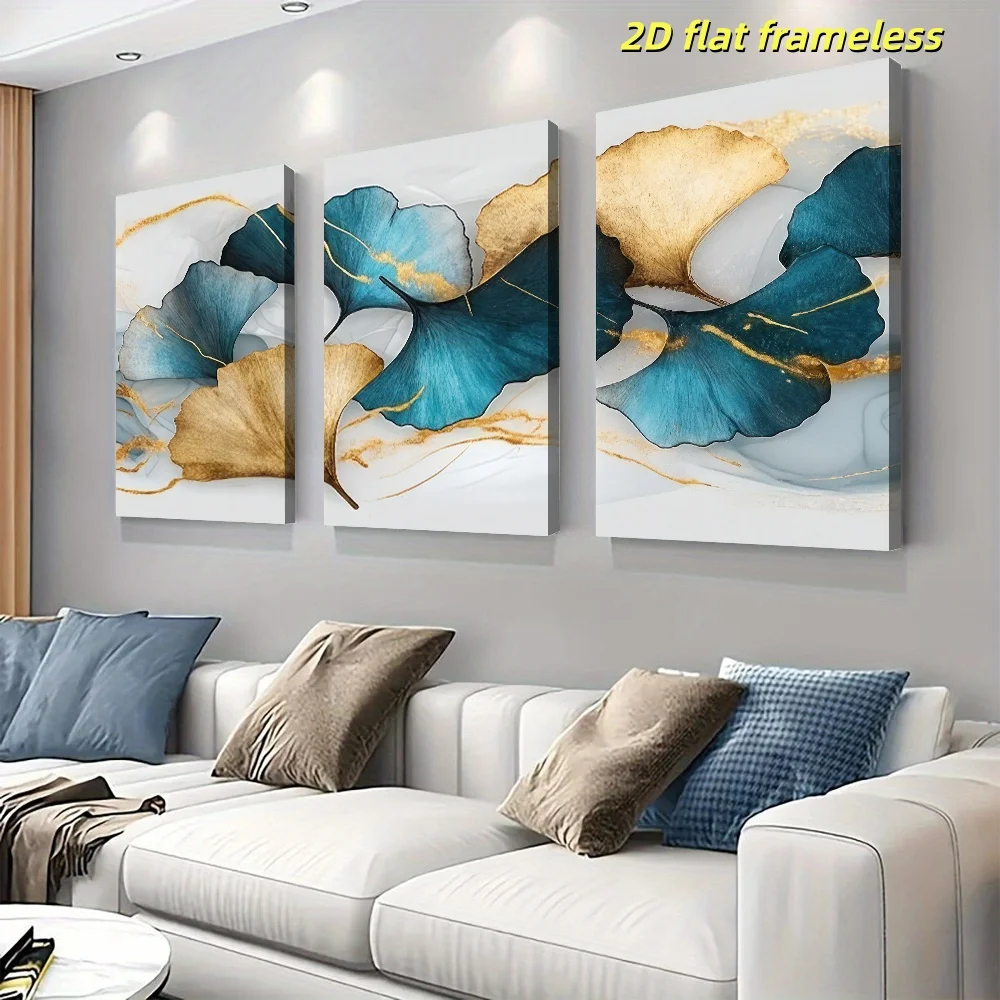 3-piece set of modern minimalist ginkgo leaf canvas posters, Nordic style home wall art decoration 2D flat printing frameless pa