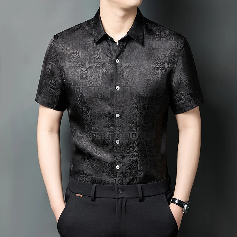 

Мужские вискозные рубашки HT3706 с темным принтом, с коротким рукавом, легкие в уходе, летние, качественные, шелковистые, комфортные, в китайском стиле, Camisas De Hombre