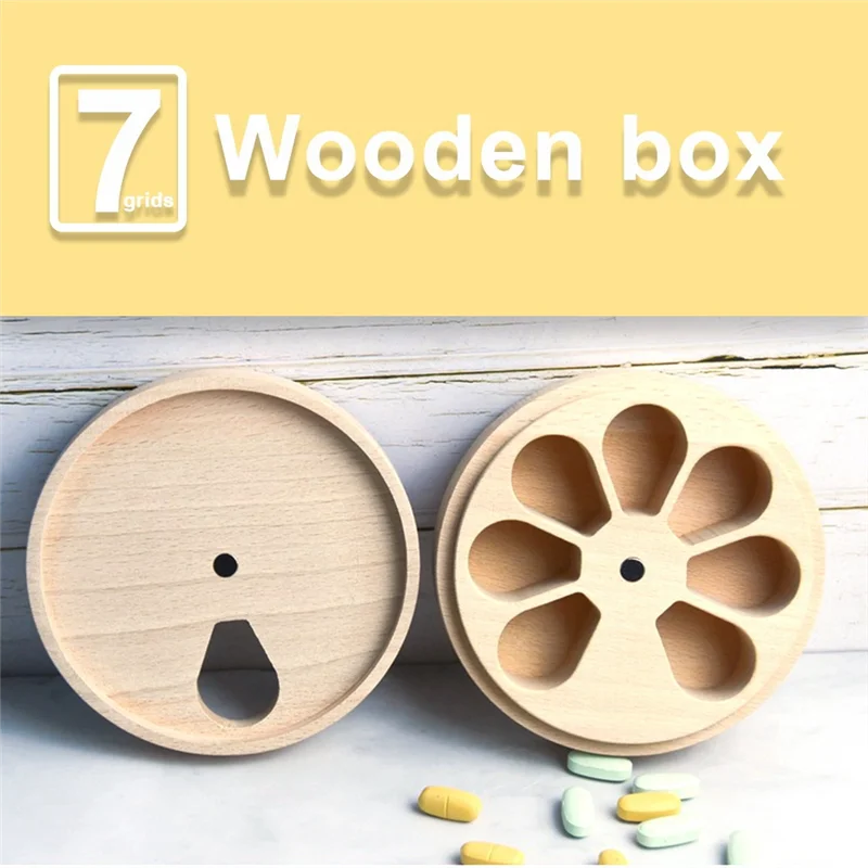 ABHI-Wooden Pill Case Storage Compartment Weekly Medicine Tablet Dispenser Splitters 7-Day Pill Box, Kitchen Spice Containers