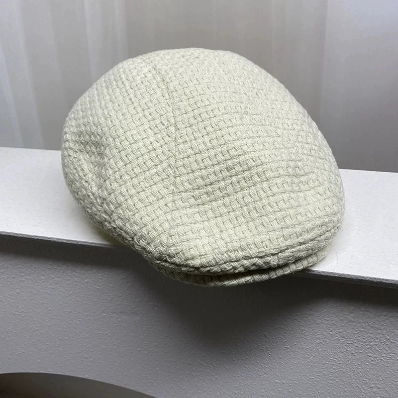 British Solid White Wool Blend Caps Men & Women Casual Texured Beret & Forward Hat for Autumn Winter