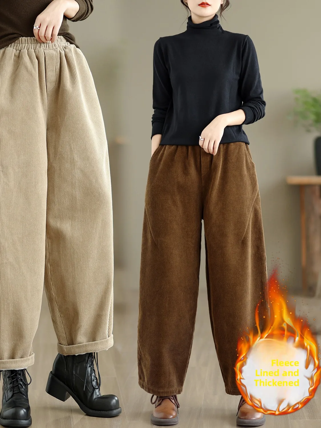 

Thickened Fleece Corduroy Wide Leg Pants High Waist Elastic Waist Casual Warm Trousers plus Size Women's Fashion Winter Pants