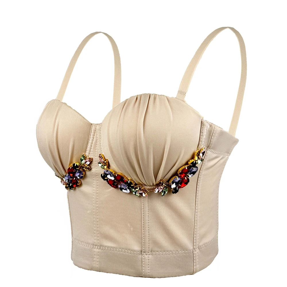 Women New Fashion Clothes Sexy Sleeveless Colourful Rhinestone Bustier Push Up Night Club Bralette Bra Cropped Top Vest Corset