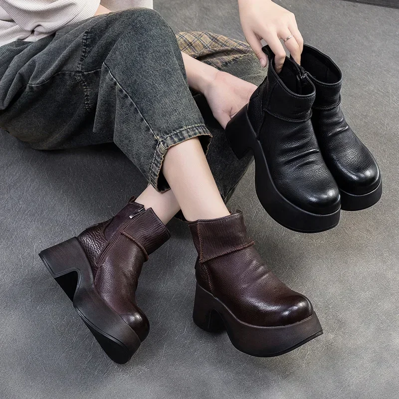 Krasovki 7cm Woman Genuine Leather Motorcycle Ankle Boots Spring Flats Moccasins Platform Wedge  Autumn PUNK Booties ZIP Shoes