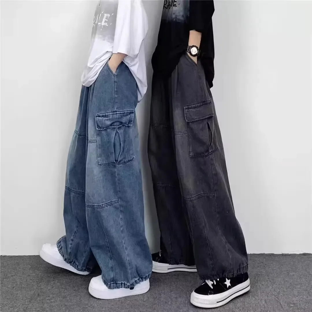 

Men Denim Jeans Wide Leg Pants Cargo Long Pant Splice High Waist Loose Casual Button Pocket Straight Trousers Autumn Winter New