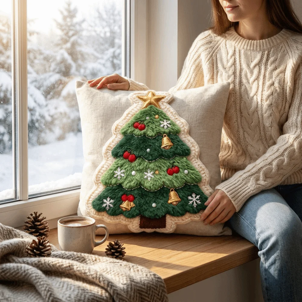1pc Plush Christmas Pillow Cover Zipper Closure Polyester Cushion Cover Single-sided Printed Not Real Embroidery