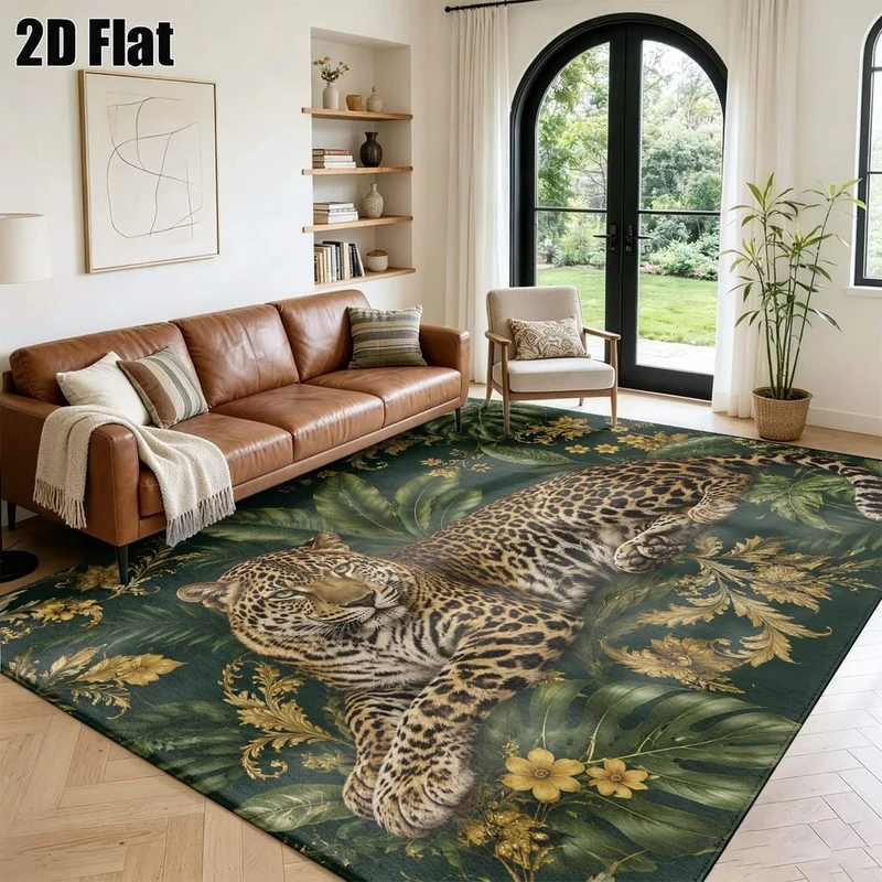1Pc Vintage Light Luxury Leopard Tropical Plant Print Rug, Bohemian Style Decorative Rug for Living Room, Bedroom, Dining Room, Bedside, Indoor and Outdoor Patio, Home Decor Accessories