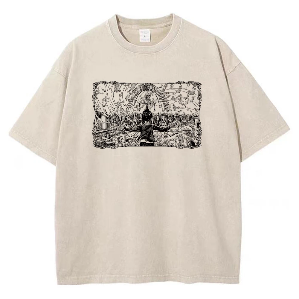 Anime Attack On Titan Eren Jaeger Printed Washed Vintage Cotton T-shirt Unisex Oversized Harajuku Short Sleeve Casual T Shirt
