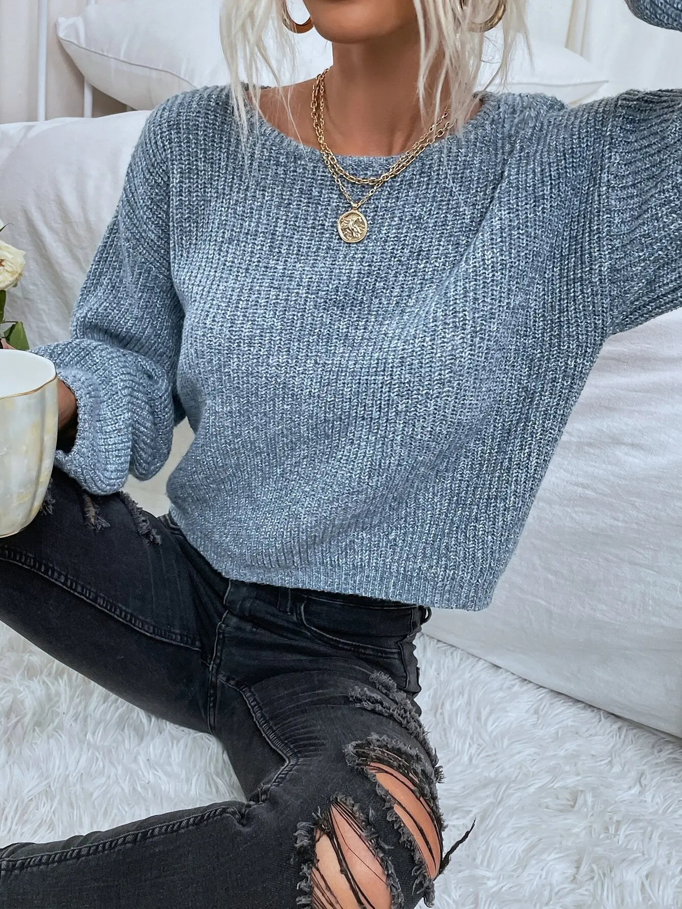 

Casual College Style Cropped Knit Sweater for Women, Autumn Winter Solid Blue Pullover with Ribbed Texture