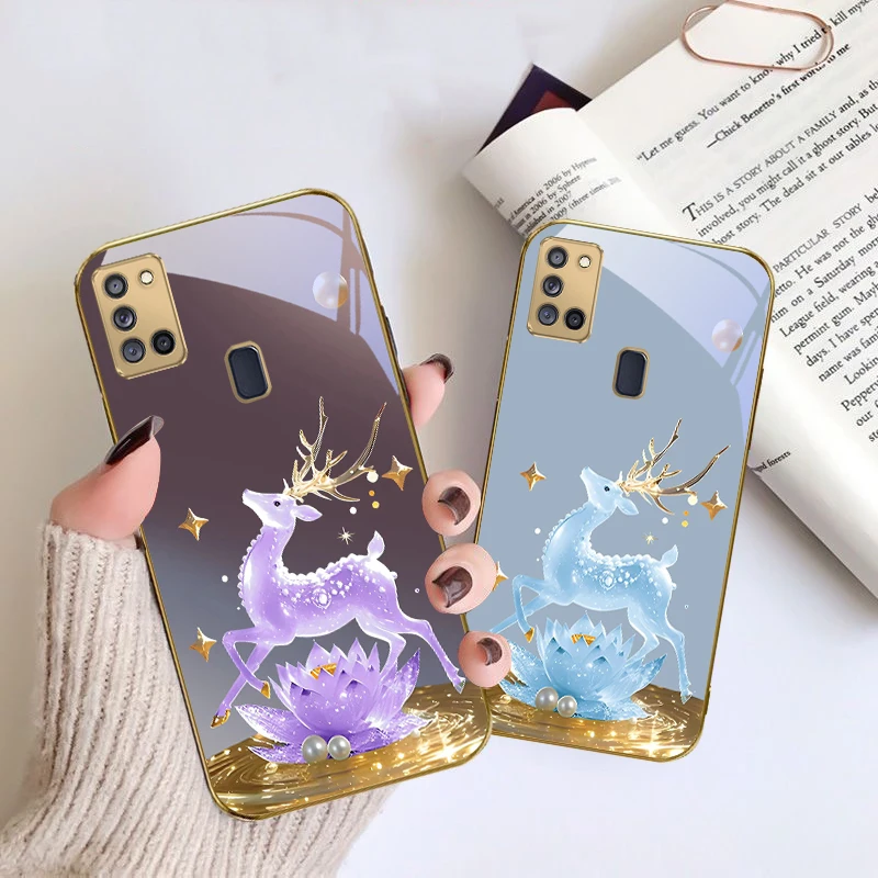 غزال ذهبي رائع لهاتف سامسونج A 31 32 A33 A34 35 14 A15 13 A16 25 A26 50 52 53 54 55 56 70 71 72 73 حافظة هاتف زجاجية ذهبية