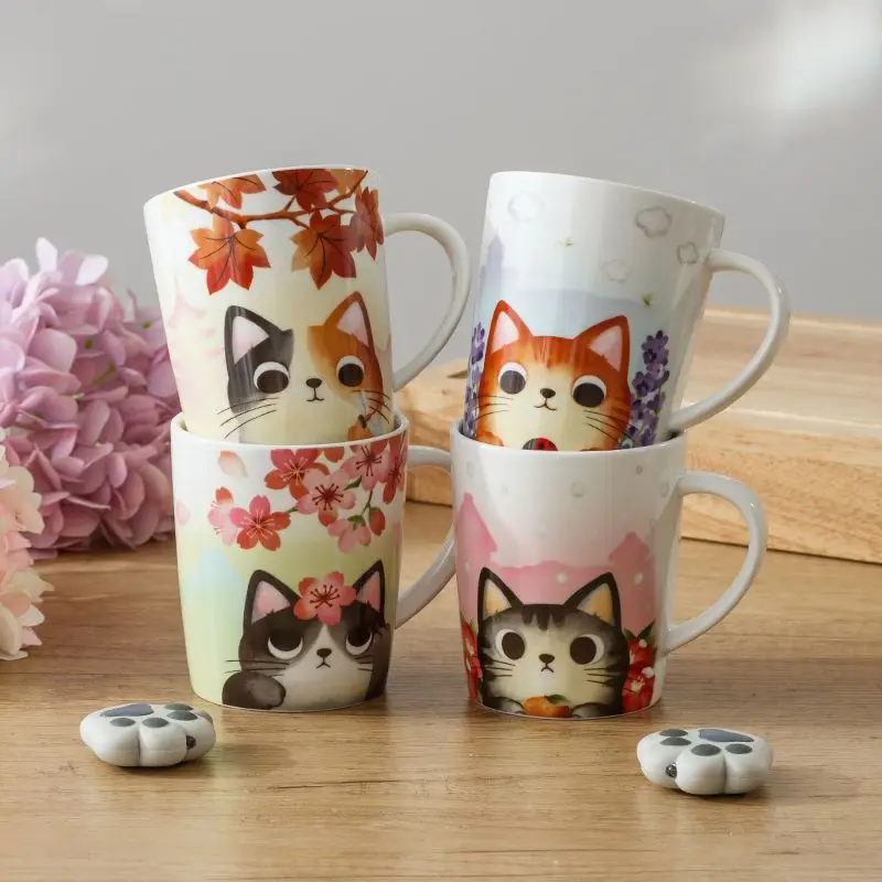 Japanese Cat Ceramic Mug, Cute Coffee Mugs, Cherry Blossom Cat Breakfast Milk Cups, Office Home Couple Water Cup, Birthday Gift