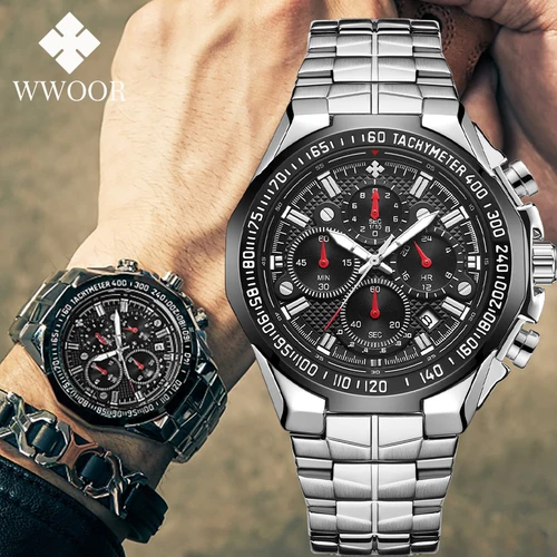 Imagen 1 del producto Reloj WWOOR 2024 para hombre, reloj de pulsera negro de lujo de marca superior, cronógrafo deportivo de moda, relojes de cuarzo de acero para hombre, reloj Masculino
