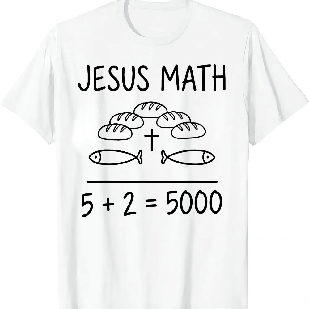 Jesus Math 2 Fishes 5 Breads Feeds The 5000 Bible Miracle T-Shirt Funny Casual Vintage Clothes Tops Camiseta Streetwear