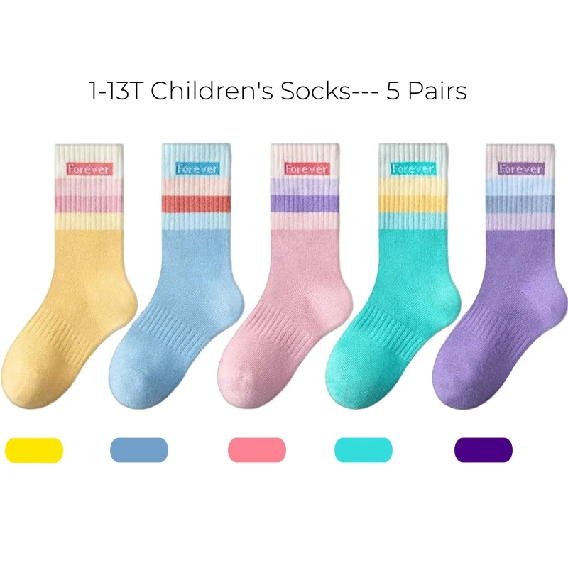 5 Paar Mädchensocken in Regenbogenfarben, 1–12 Jahre, Kinder-Wadensocken, weiche Baumwollsocken – Detail 3