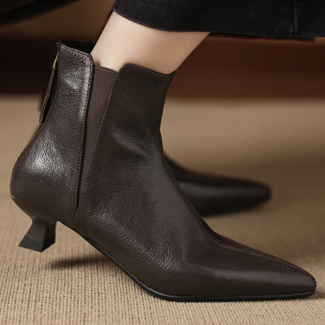 

Women's sheepskin elastic fabric patchwork pointed toe back zip autumn ankle boots elegant ladies 3.5cm kitten heel short boots