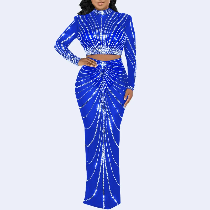 European and American Fashion Women's Mesh Hot Rhinestone Perspective Long Sleeve Long Skirt Two-piece Set for Women