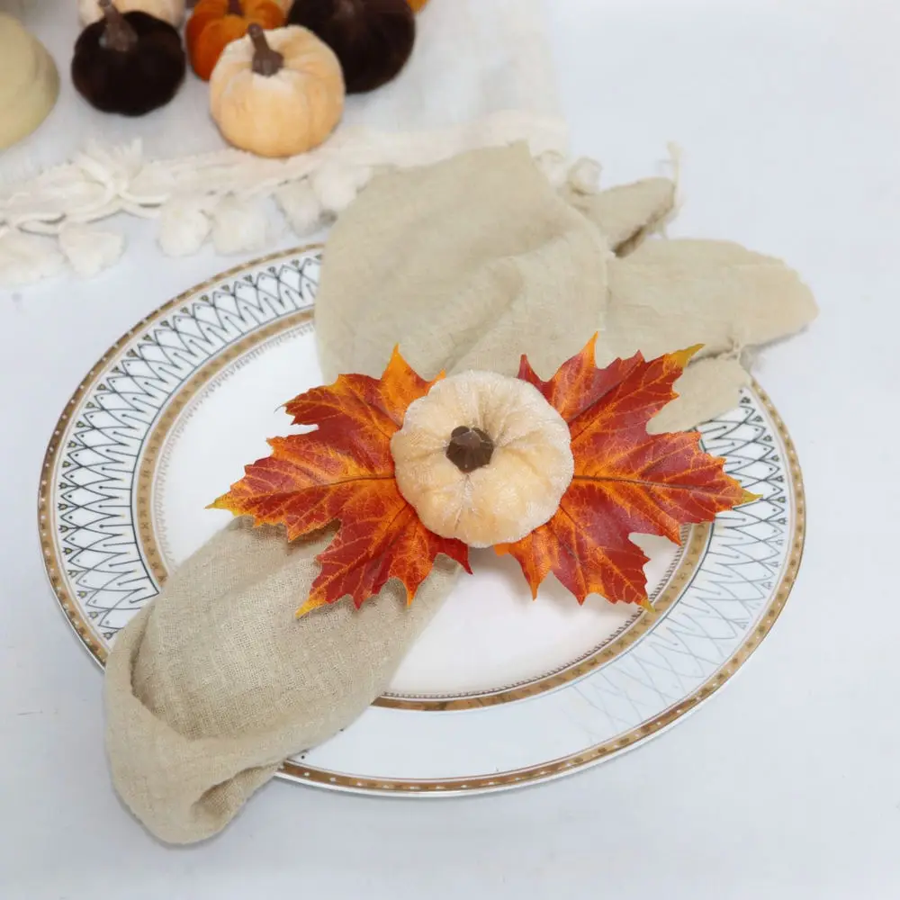 Stylish Velvet Pumpkin Napkin Rings Maple Leaf Table Setting For Festive Autumn Wedding Banquet Hotel Kitchen Supplies