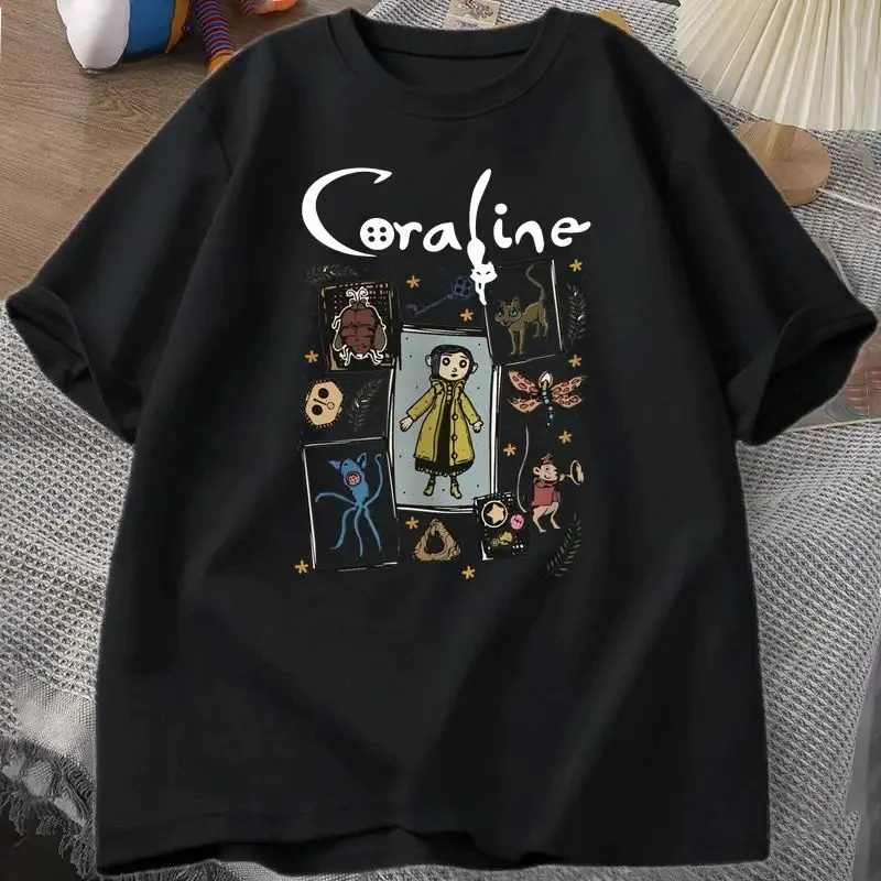 

Coraline loween Spooky Vintage T-irt Women Men Cleanfit Sle A-Line Sve Linen Fabric Other Material T-irt