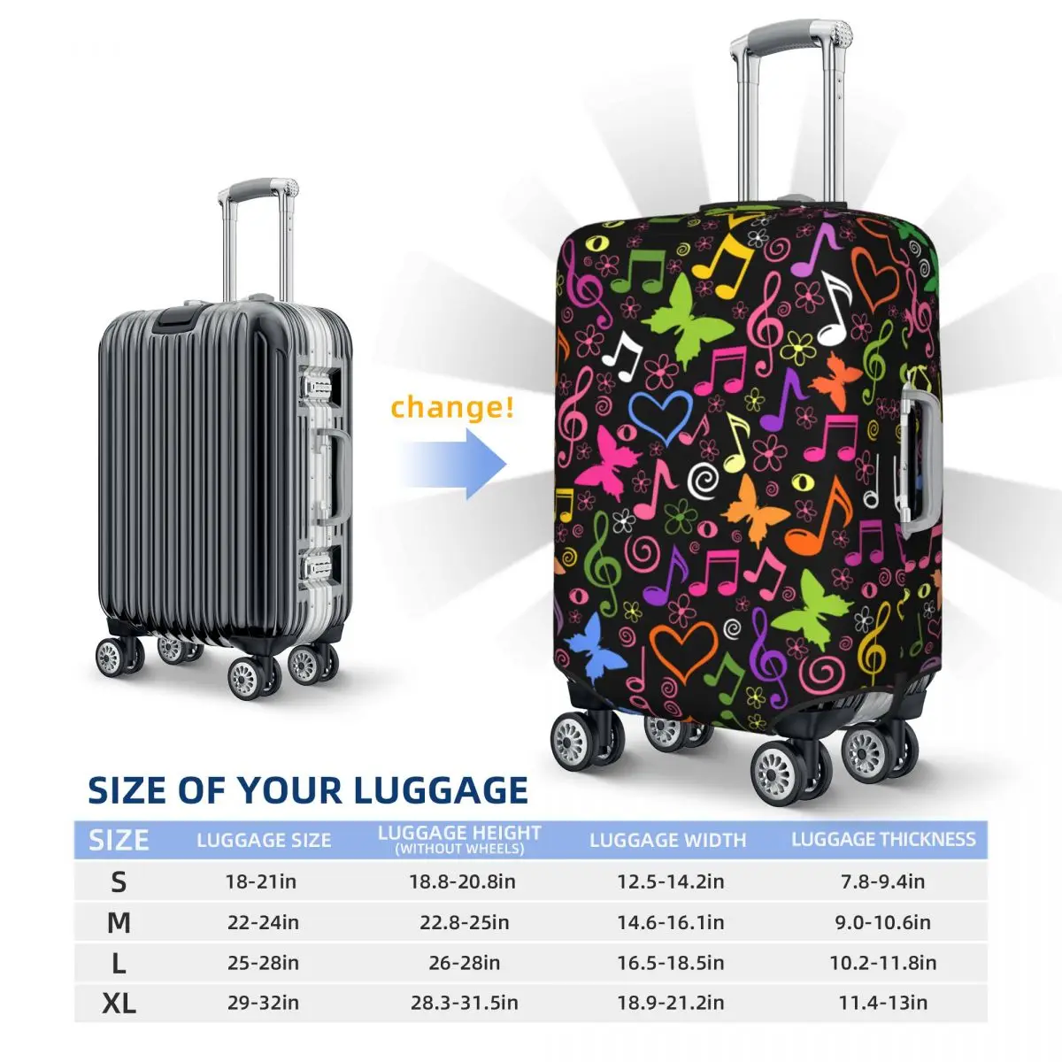 Music Festival Musical Notes Travel Luggage Cover Washable Suitcase Cover Protector Fit 18-32 Inch