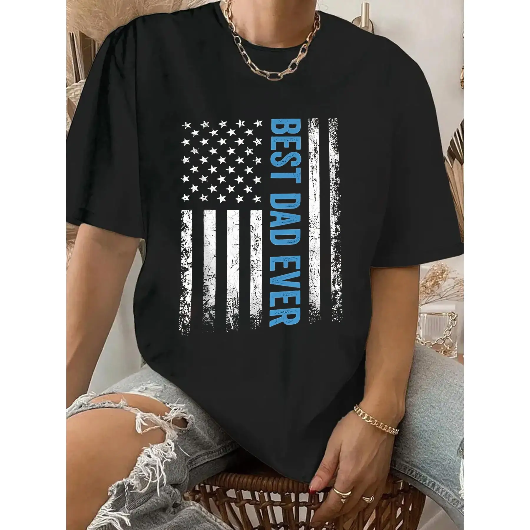 

Best Dad Ever Print Crew Neck T-Shirt, Casual Short Sleeve T-Shirt For Spring & Summer, Women's Clothing