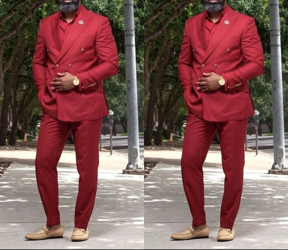 

Fashion Men Suits Peak Lapel Prom 2 Pcs Wedding Groom Tuxedos Double Breasted