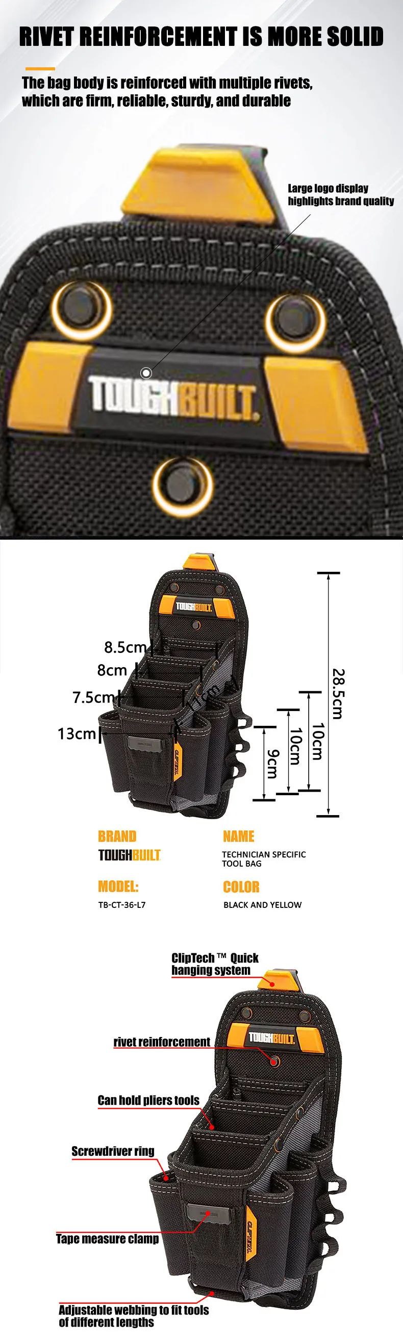 TOUGHBUILT Mechaniker-Werkzeugtasche, 10 Fächer, Schnellhängender Werkzeugsatz, Aufbewahrung für Zangen und Schraubendreher TB-CT-36-L10 – Detail 3