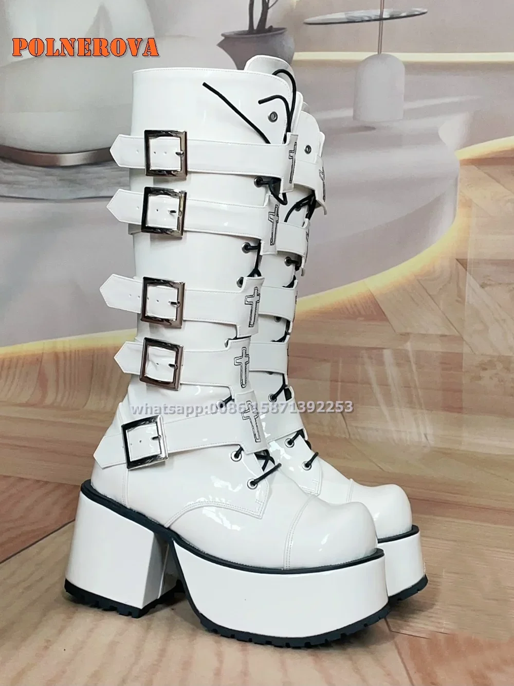 Platform Belt Buckle Zipper Red Knee High Boots Round Toe Chunky Heels Cross Tied Punk Motorcycle Boots Plus Size 2024 Trend