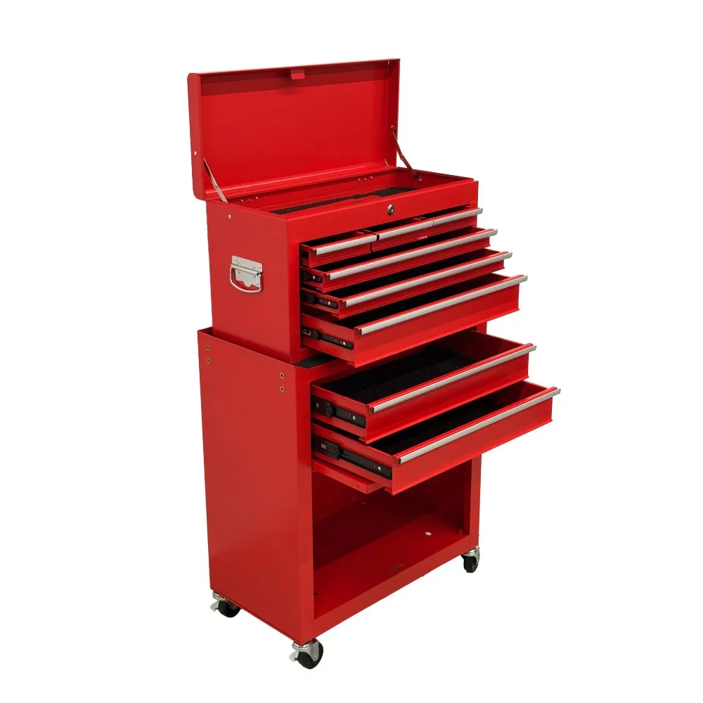 8-Drawer Rolling Tool Chest with 2-in-1 Detachable Top Box, Cold-Rolled Carbon Steel Storage Cabinet, Drawer Liners, Lockable Caster Wheels and Side Hooks, High-Capacity Red Mobile Tool Cart and Workbench for Garage Workshop Hardware Organization