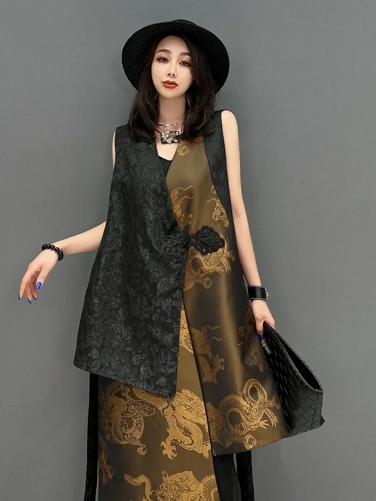 SHENGPALAE V-neck Long Vest Sleeveless Coat Loose Chinese Style Mid-length Printing Irregular Jacket Women 2024 Spring New 5R585