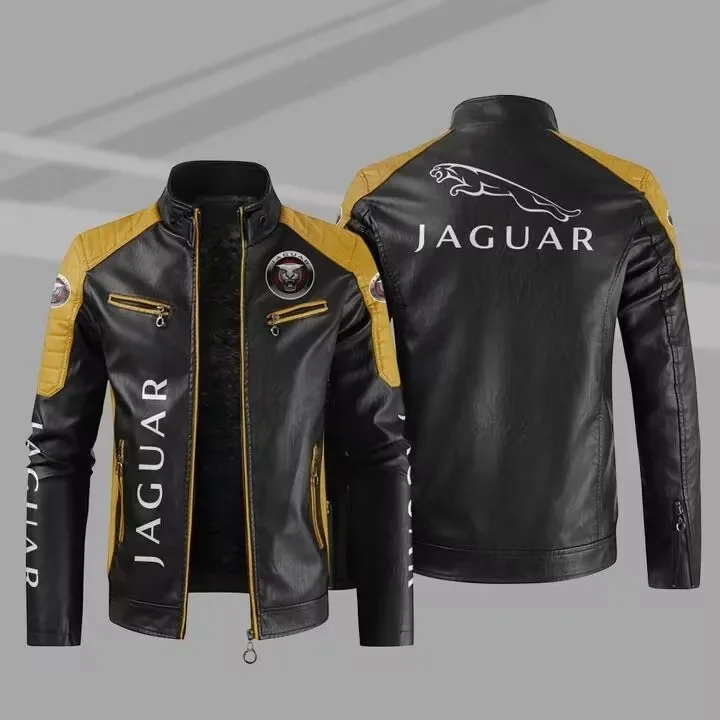 2023 Fashion New Mens Vintage Jaguar car logo Jacket Biker Leather Jacket Male Embroidery Bomber Coat Pu Overcoat