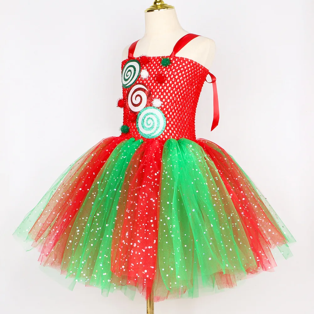 Christmas Candy Red Green Mesh Tutu Dress Set Theeper Tiered Glossy Tulle Gown Satin Bow Festive Chic Outfit Lightweight Garment