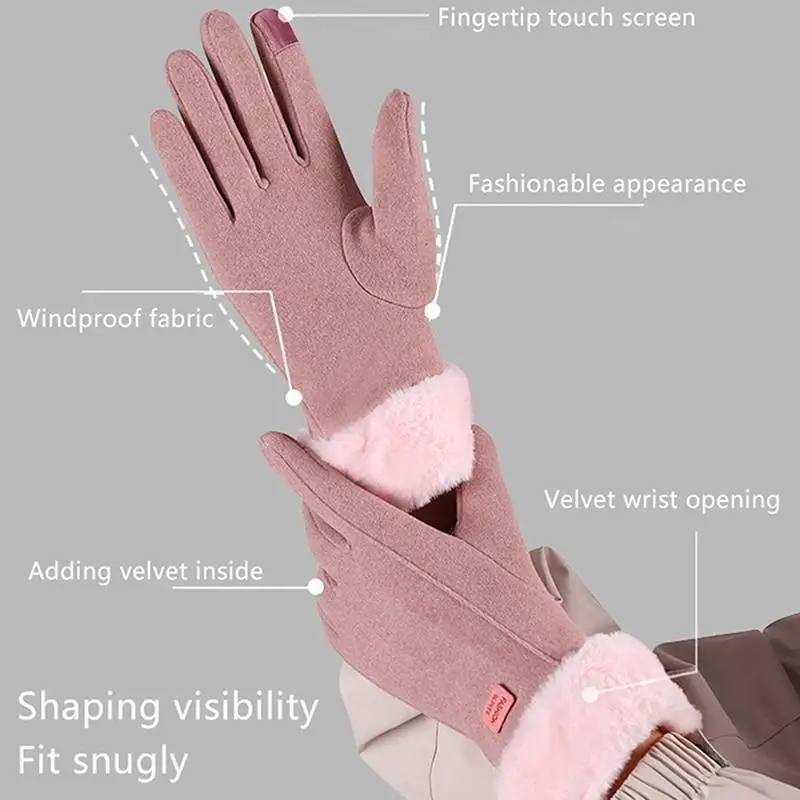Die warmen Winterhandschuhe für Damen sind winddicht und kältebeständig, haben ein dickes Futter aus Kunstfell und sind als Touchscreen-Handschuhe geeignet. – Detail 7