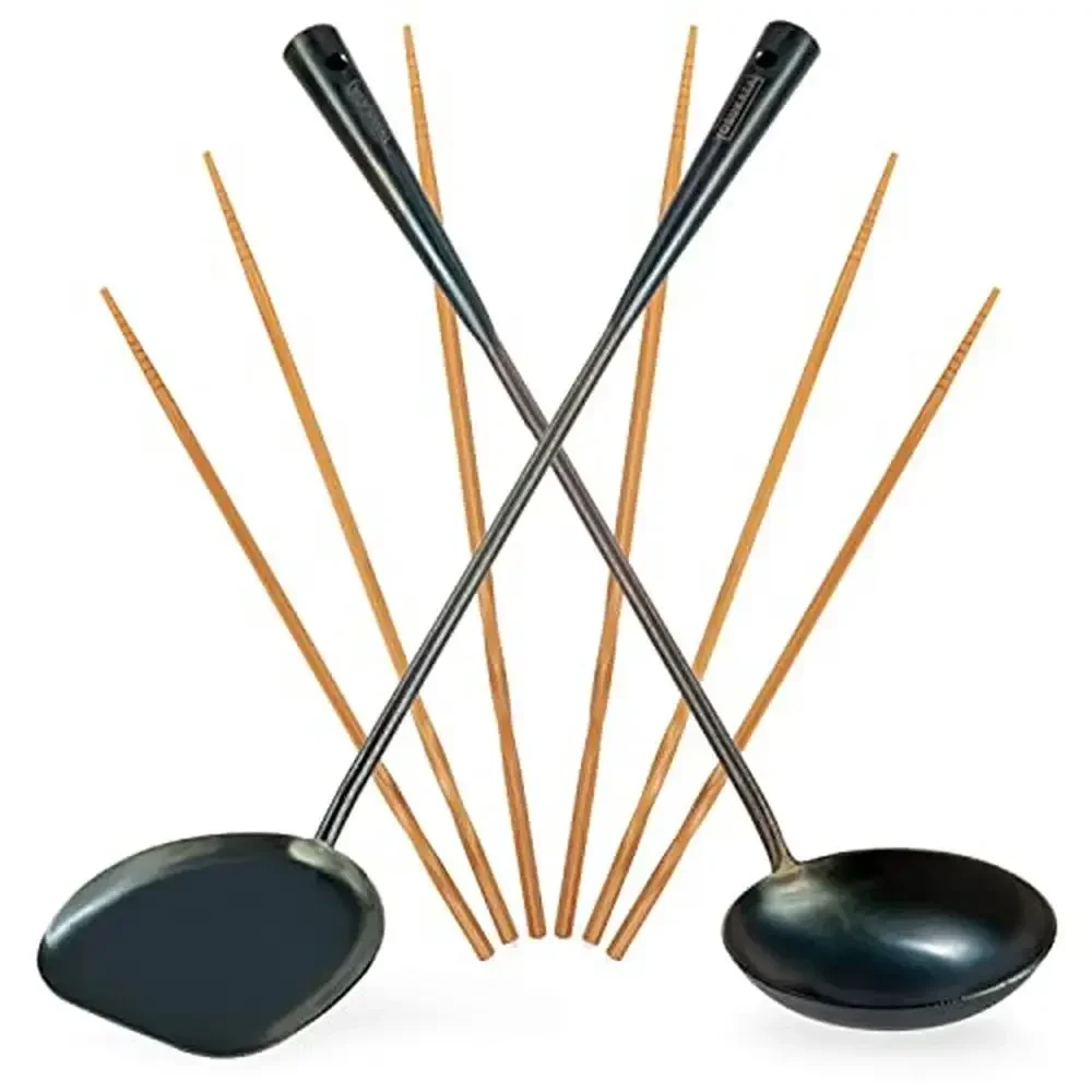 

17-inch Carbon Steel Wok Tools Set Sturdy Spatula Ladle Wooden Chopsticks