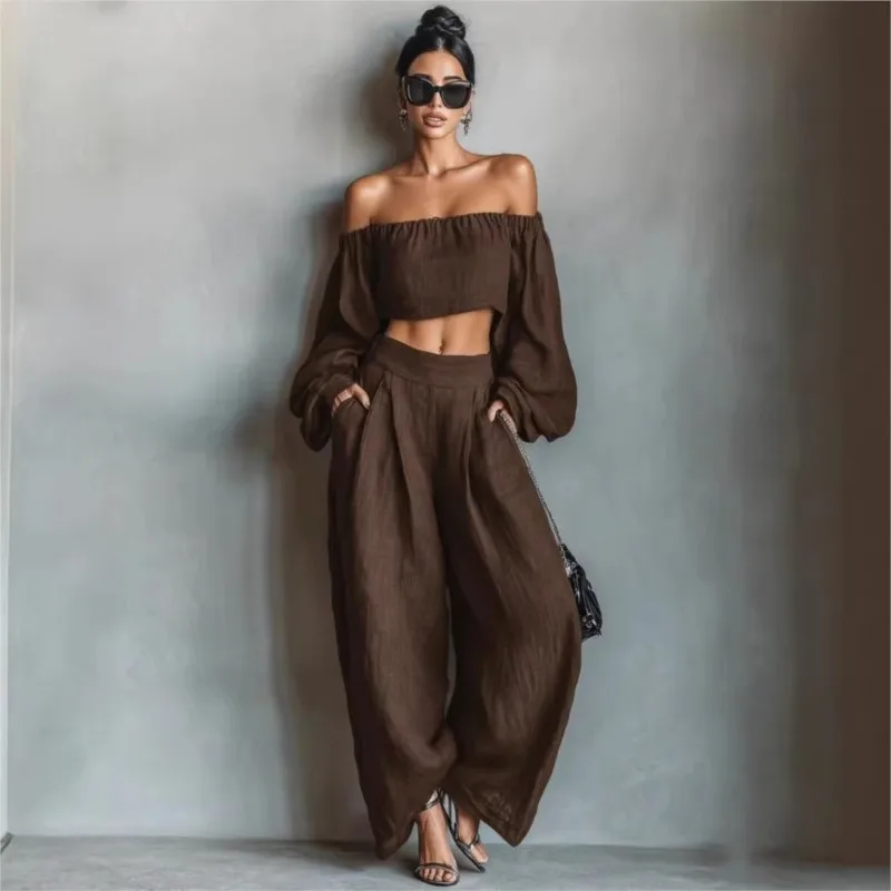 

Sexy One Neck Top Streetwear Women's Summer Fashion Long Sleeved Tops+wide Leg Pants Two-piece Set Lady Elegant Office Outfit